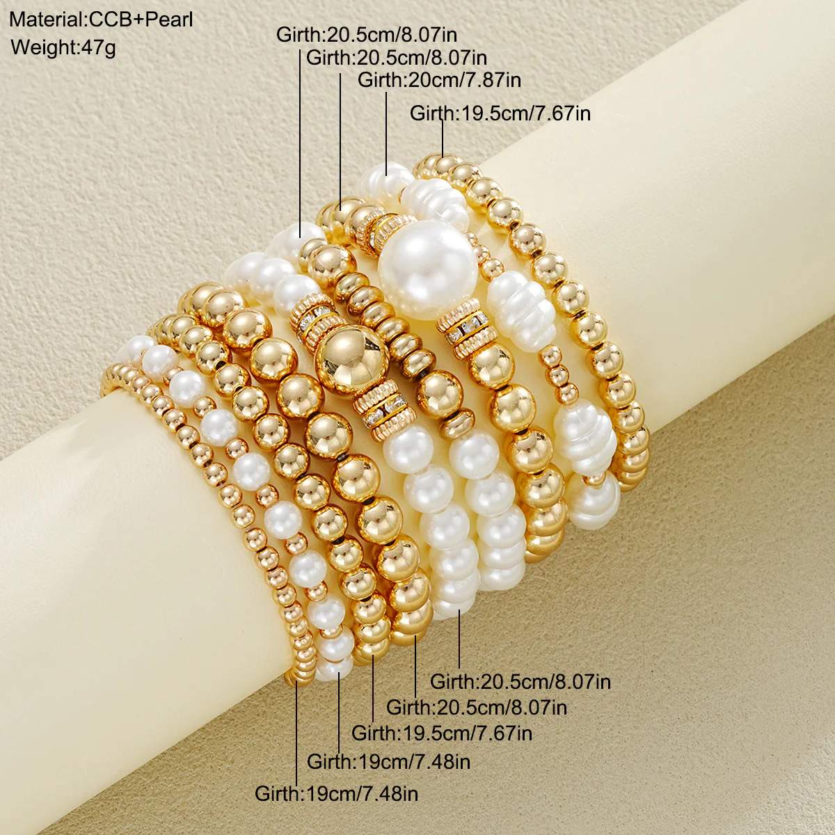 10pc Gold & Pearl Beaded Bracelet Stack - Image 2