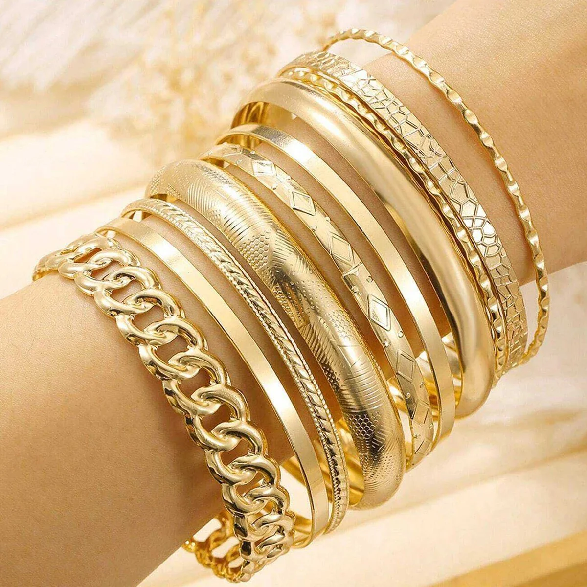 10pc Heavy Stackable Textured Bracelet Stack - Image 2