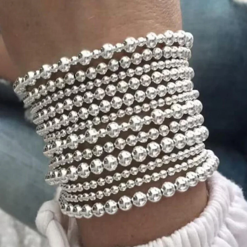 12pc Vintage Silver Beaded Bracelet Set