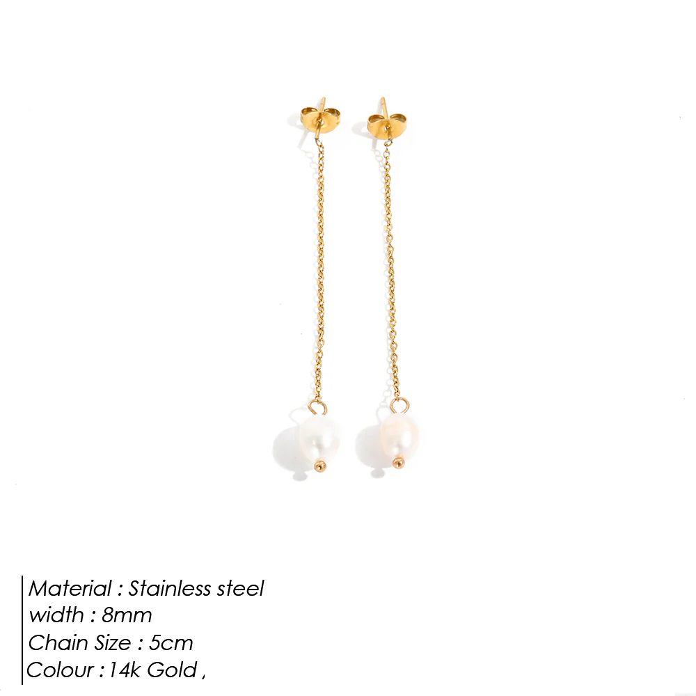 14k Gold Pearl Chain Drop Earrings - Image 2