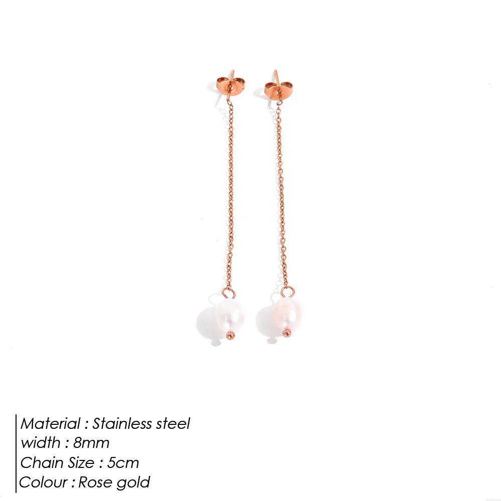 14k Gold Pearl Chain Drop Earrings - Image 4
