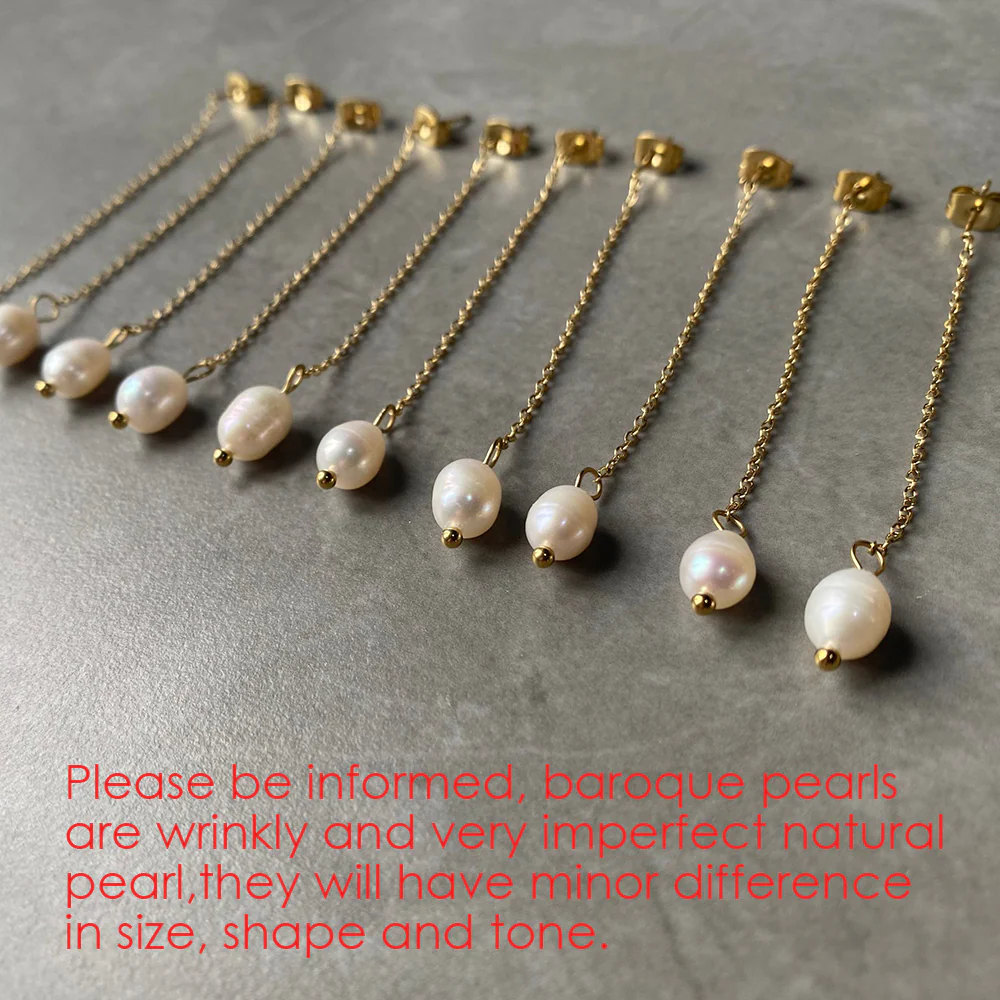 14k Gold Pearl Chain Drop Earrings - Image 5