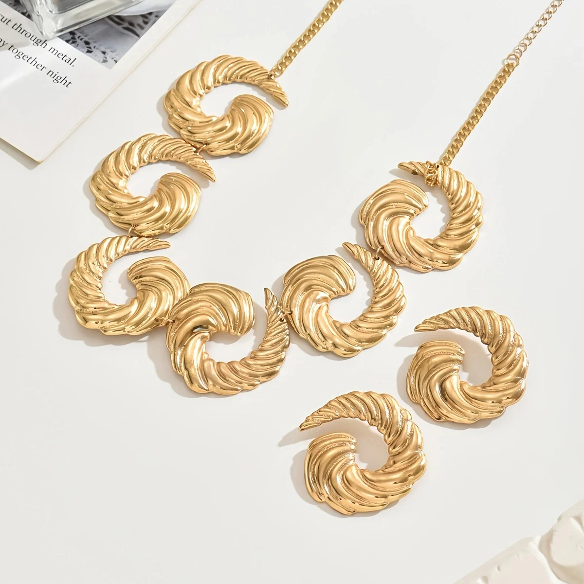 14k Plated Gold Spiral Necklace & Earrings Set - Image 3
