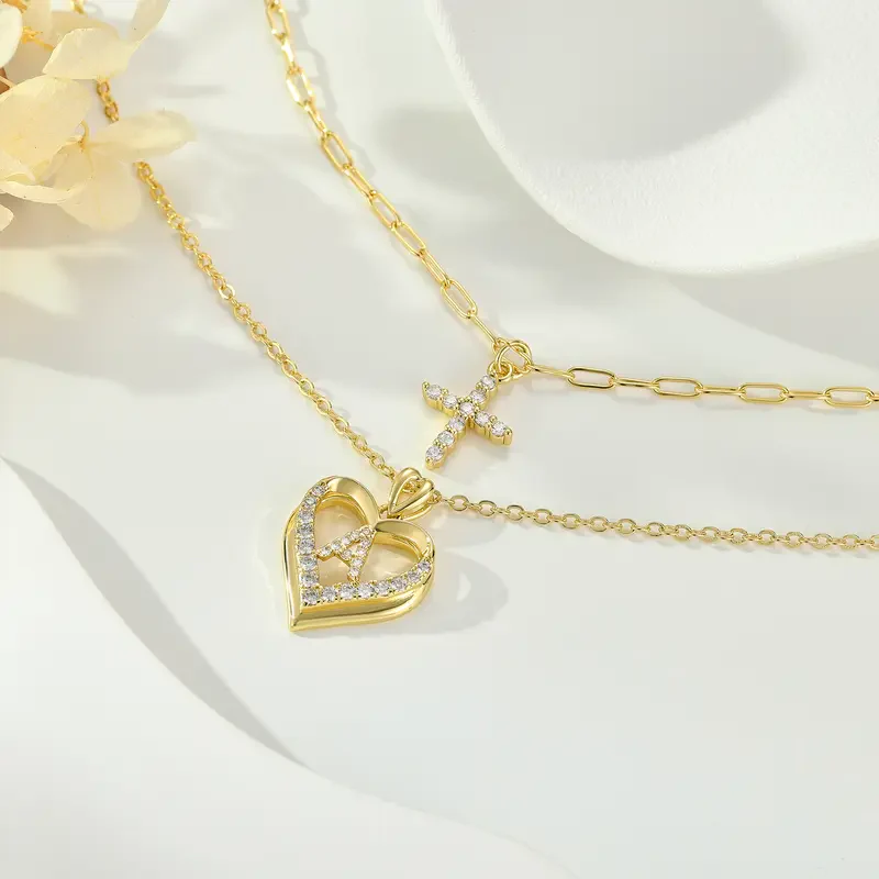 14k Initial Heart & Cross Necklace Set - Image 3