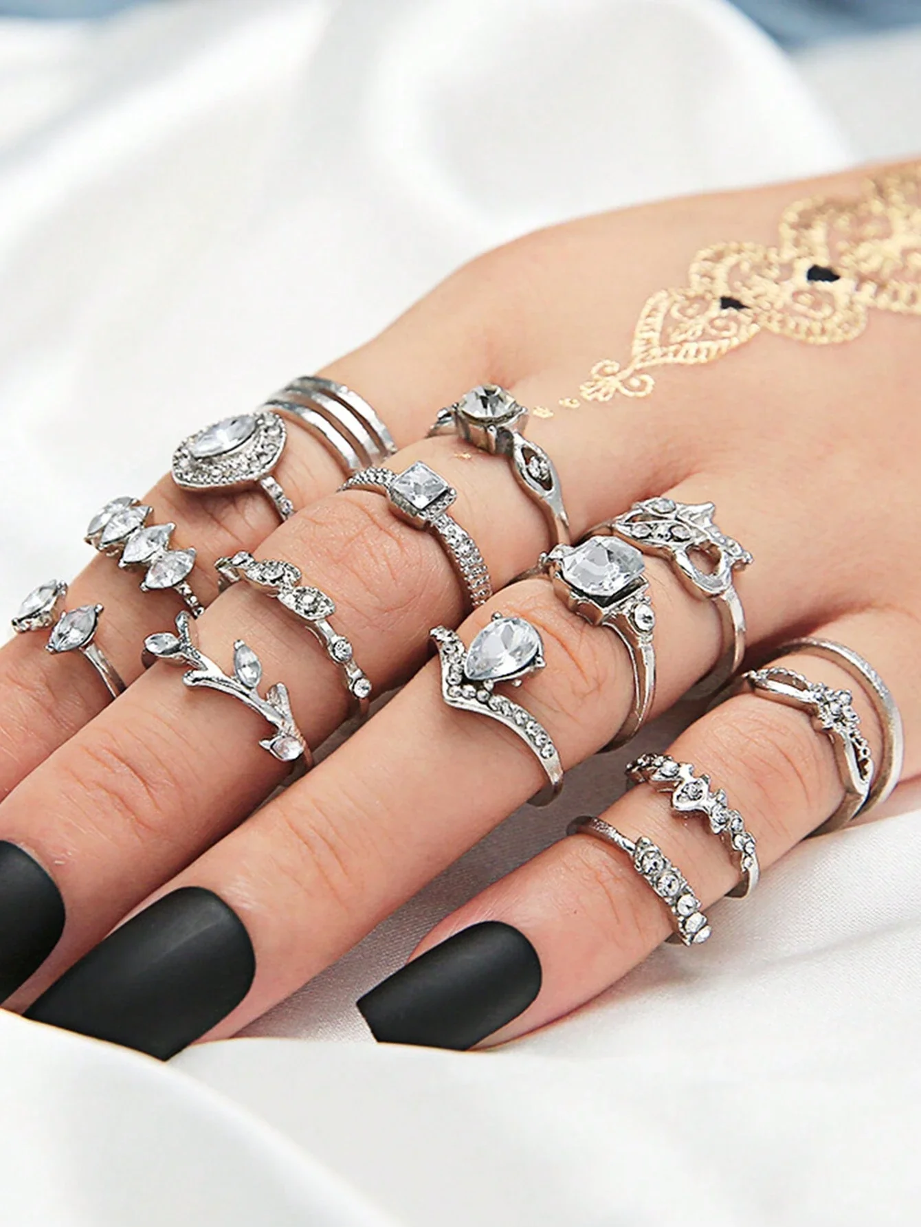 15pc Silver Crystal Statement Ring Set - Image 2