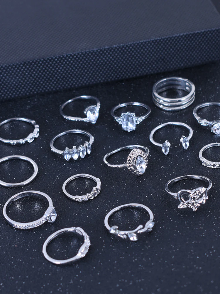 15pc Silver Crystal Statement Ring Set - Image 3