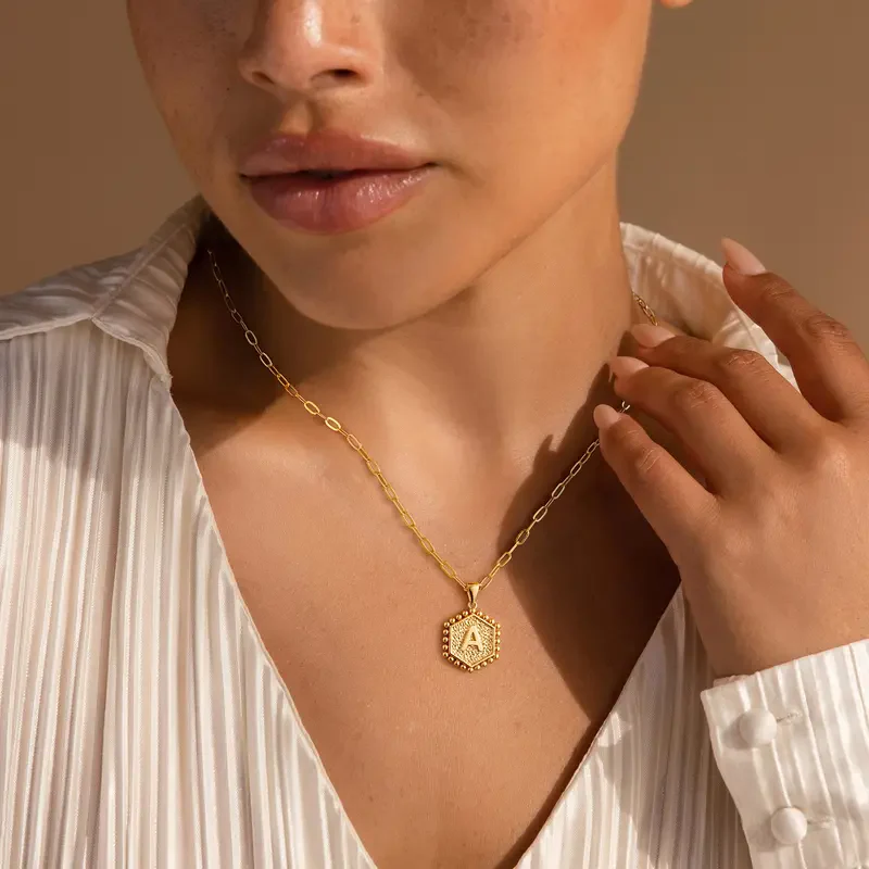 2pc 14k Hexagon Initial Necklace - Image 2