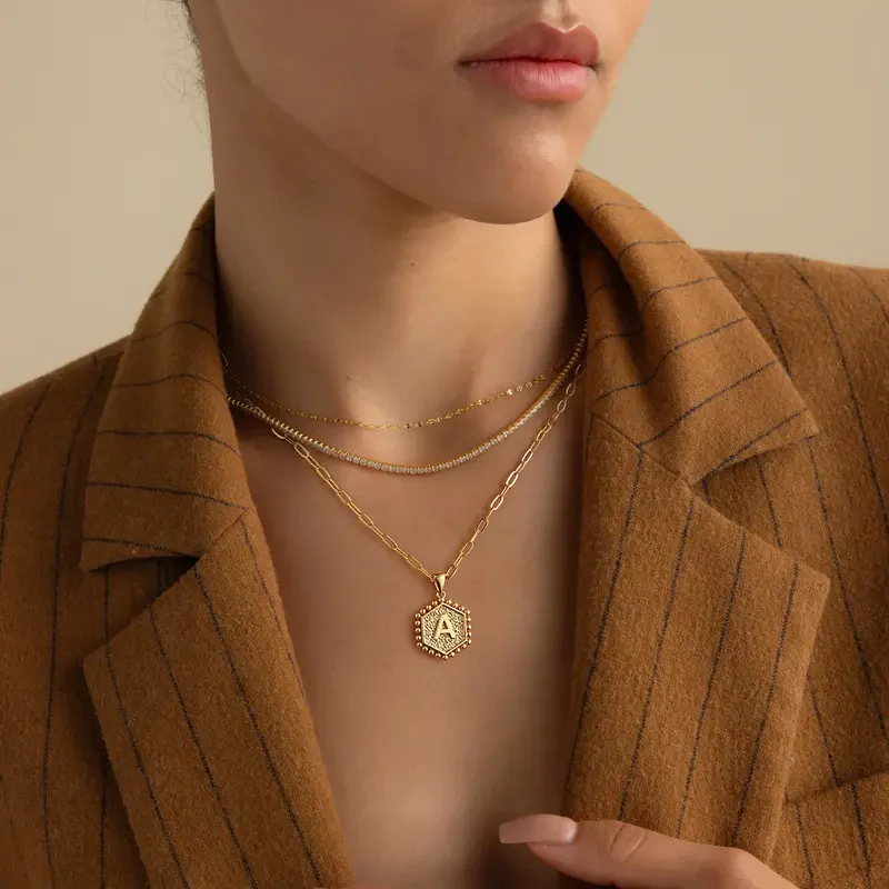 2pc 14k Hexagon Initial Necklace - Image 4