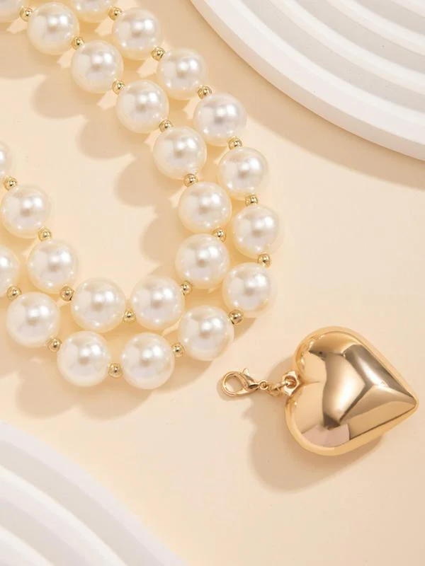 2pc Chunky Pearl Beaded Heart Necklace Set - Image 3
