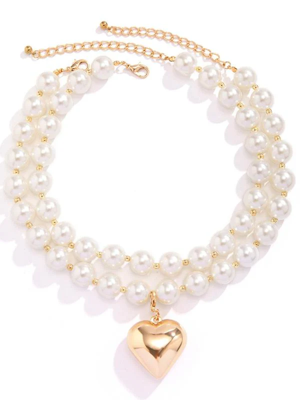 2pc Chunky Pearl Beaded Heart Necklace Set - Image 4