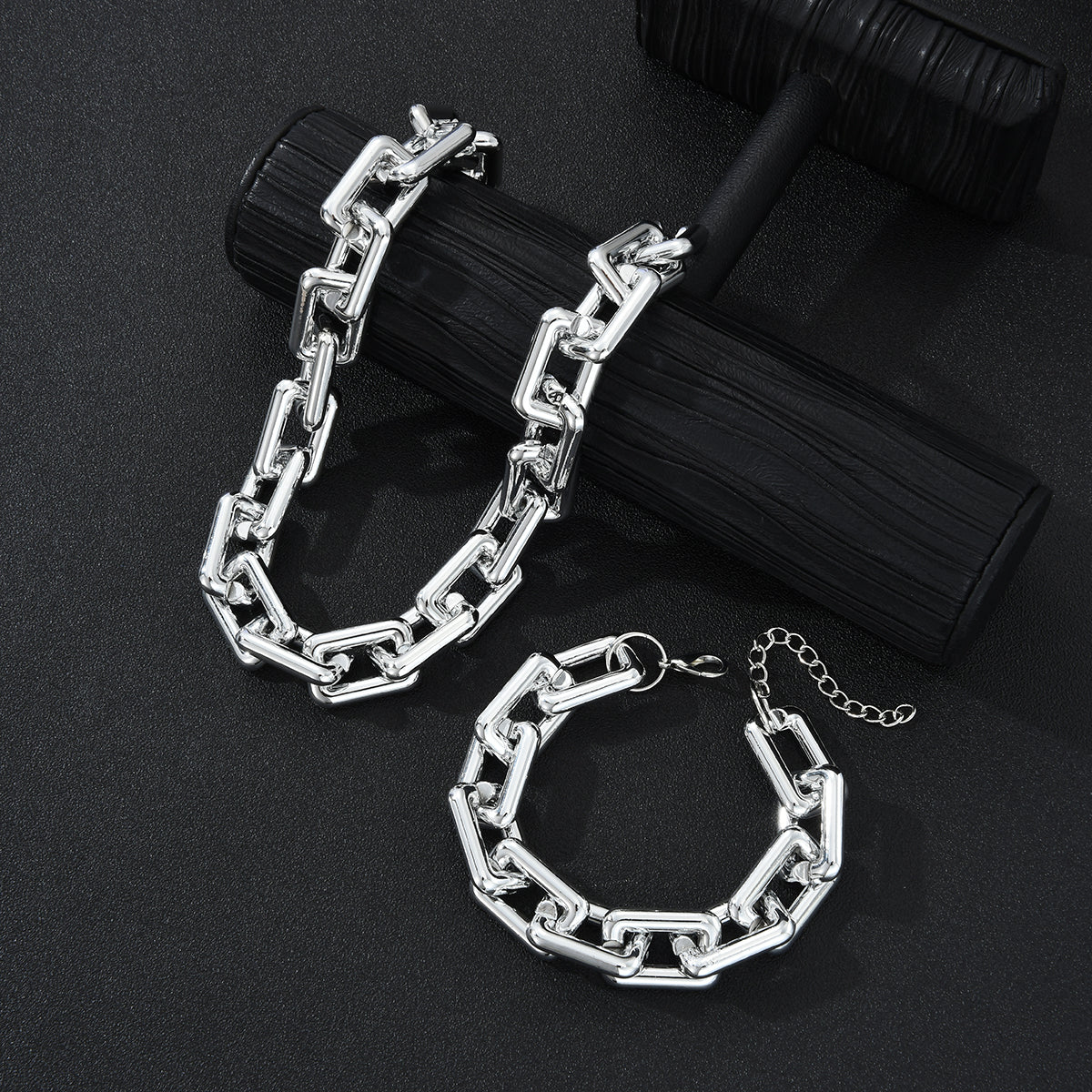 2pc Chunky Silver Chain Necklace & Bracelet Set - Image 3