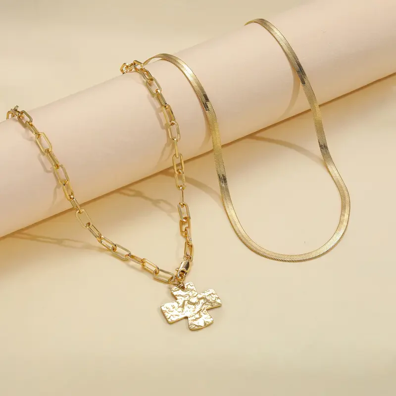 2pc Cross Paperclip Herringbone Necklace Set - Image 4