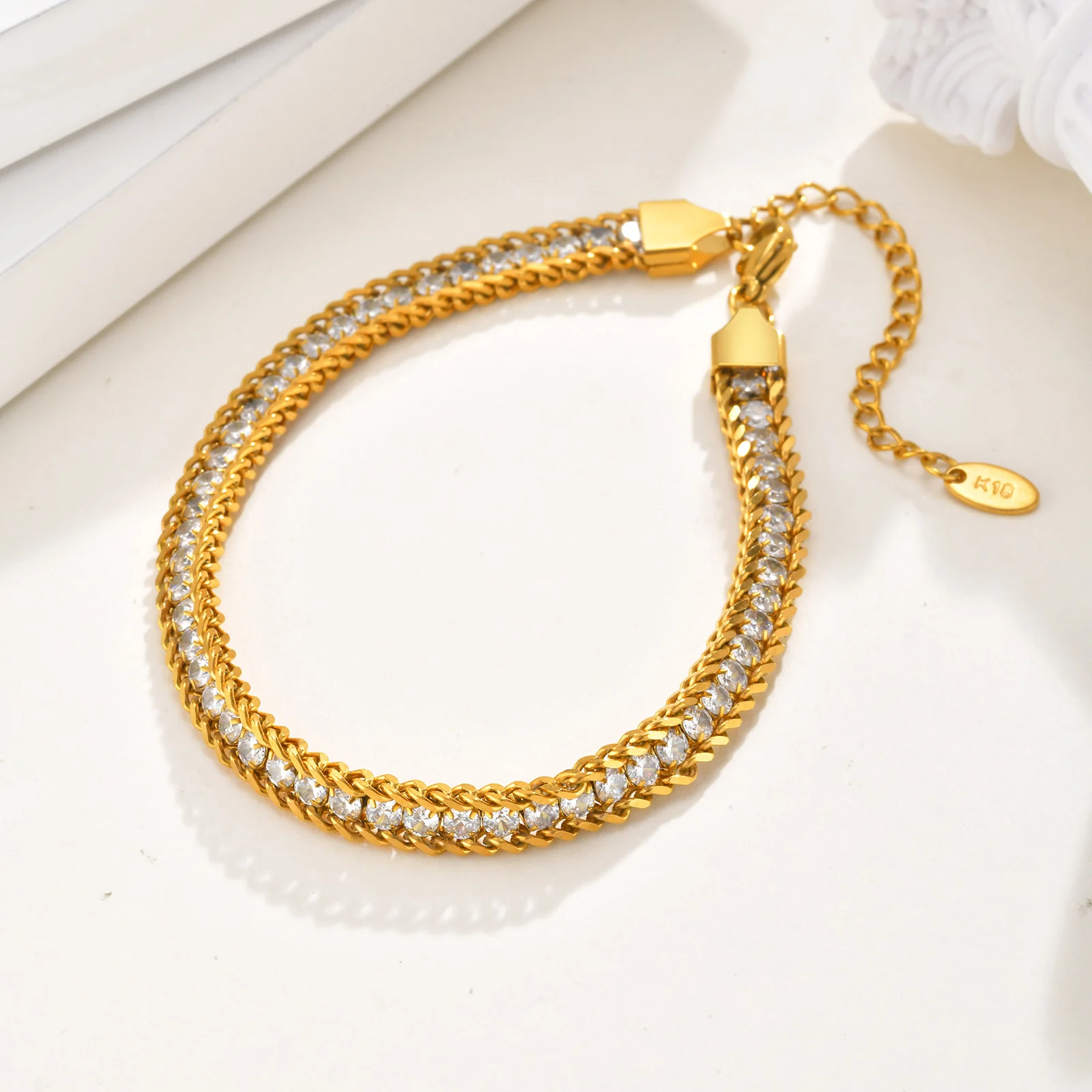 2pc Crystal Gold Chain Anklet Set - Image 2