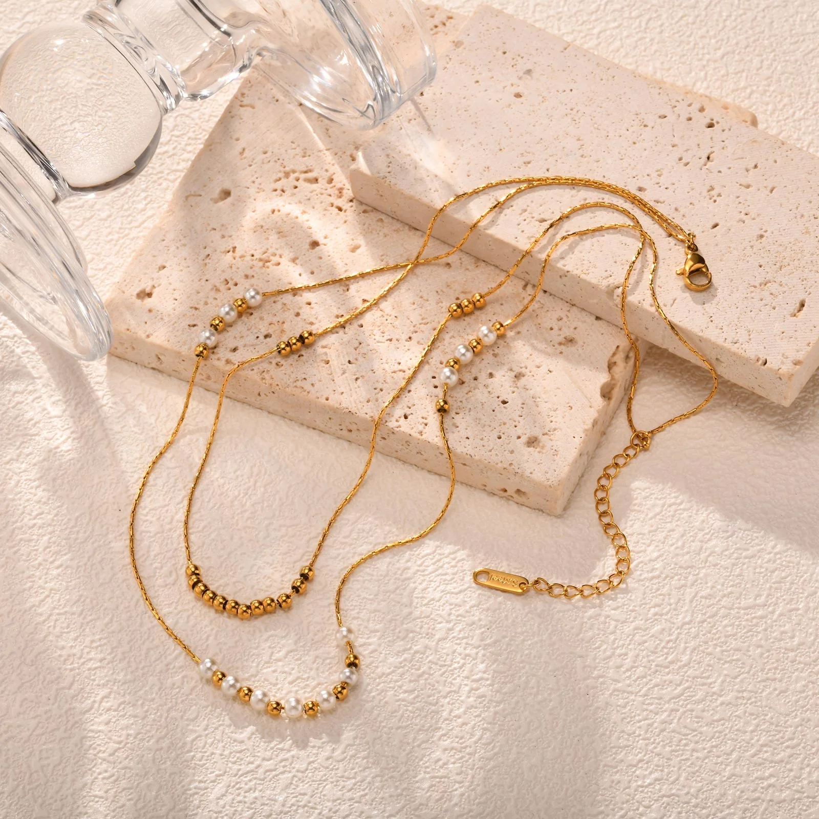 2pc Dainty Pearl and Gold Bead Necklace Set - Image 2