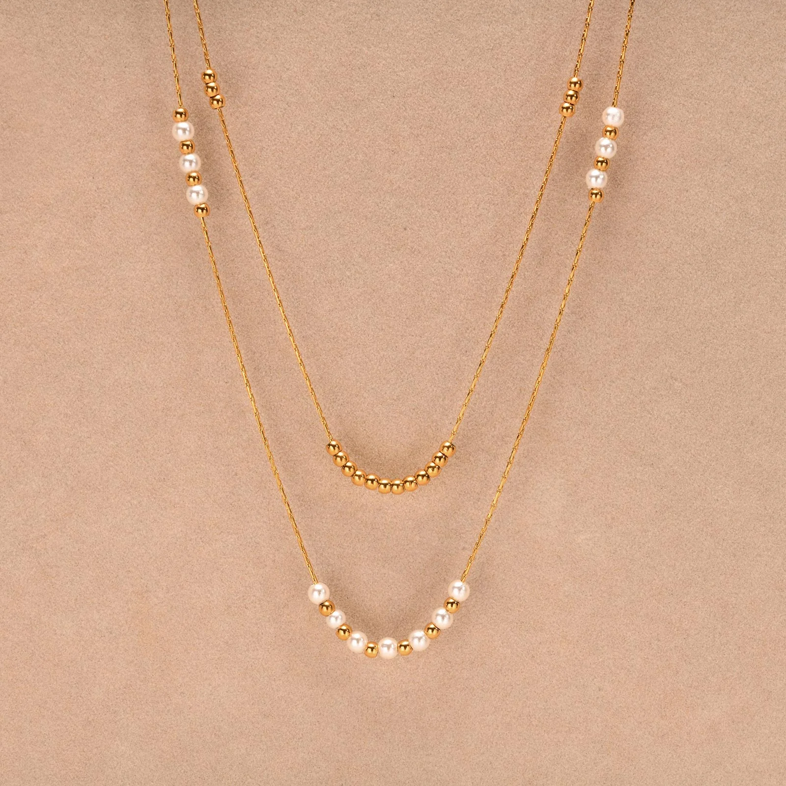 2pc Dainty Pearl and Gold Bead Necklace Set - Image 3