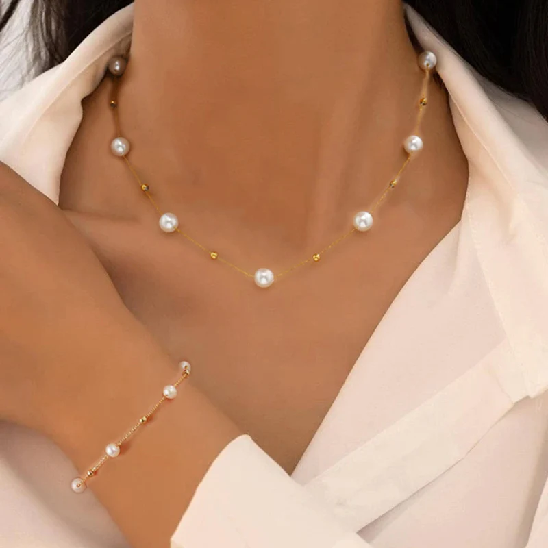 2pc Gold Beaded Pearl Necklace & Bracelet Set