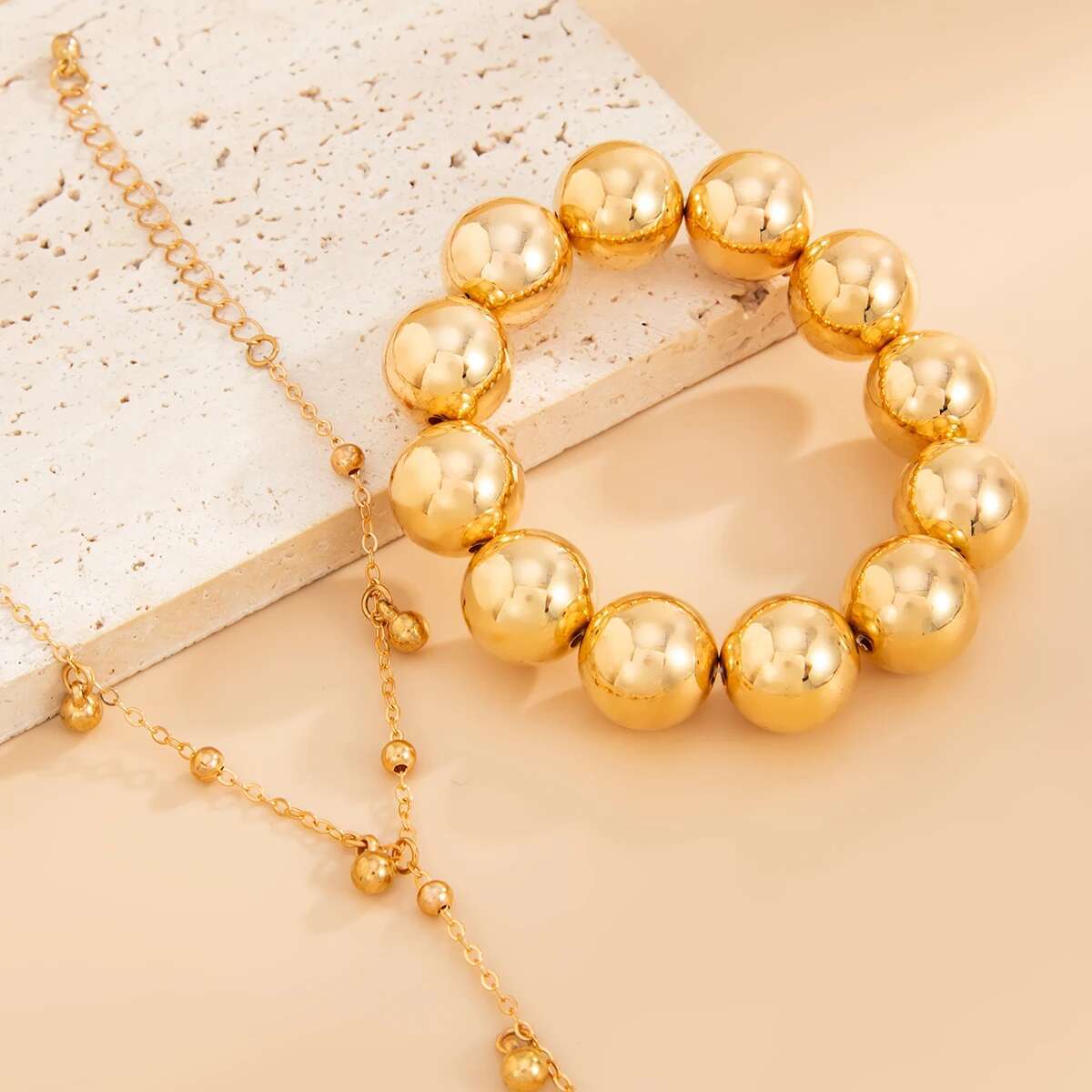 2pc Gold Beaded Ring Chain Bracelet Set - Image 3
