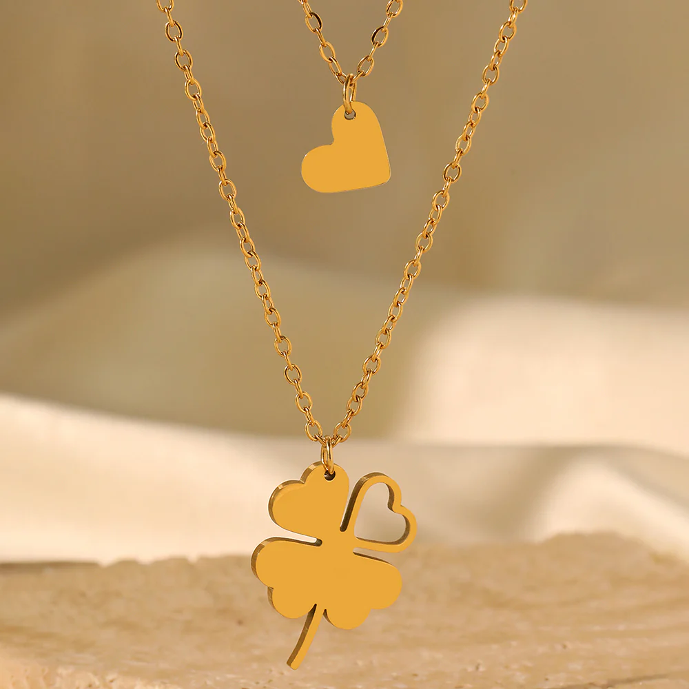 2pc Gold Clover & Heart Pendant Necklace Set - Image 3