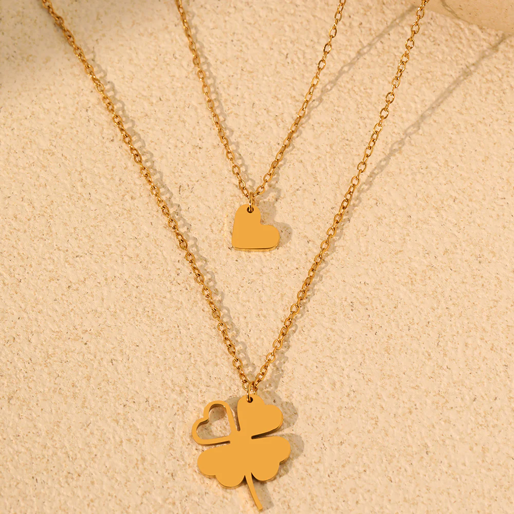 2pc Gold Clover & Heart Pendant Necklace Set - Image 4