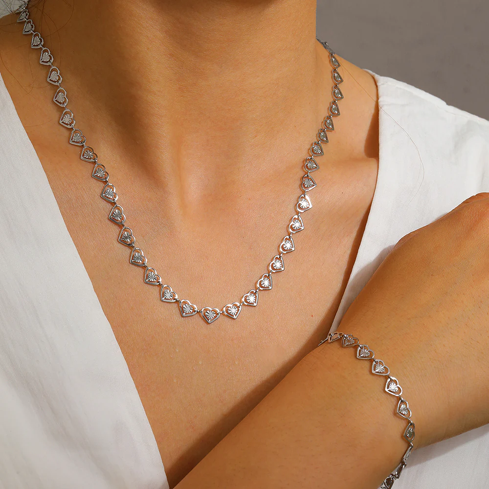 2pc Gold Heart Link Necklace & Bracelet Set - Image 2