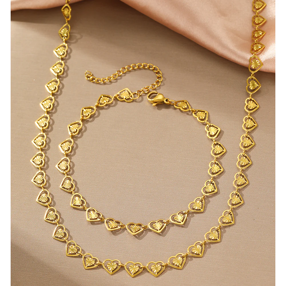 2pc Gold Heart Link Necklace & Bracelet Set - Image 3