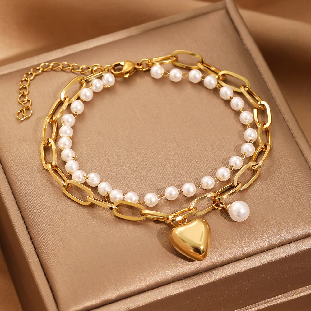 2pc Gold Heart & Pearl Charm Bracelet Set - Image 2