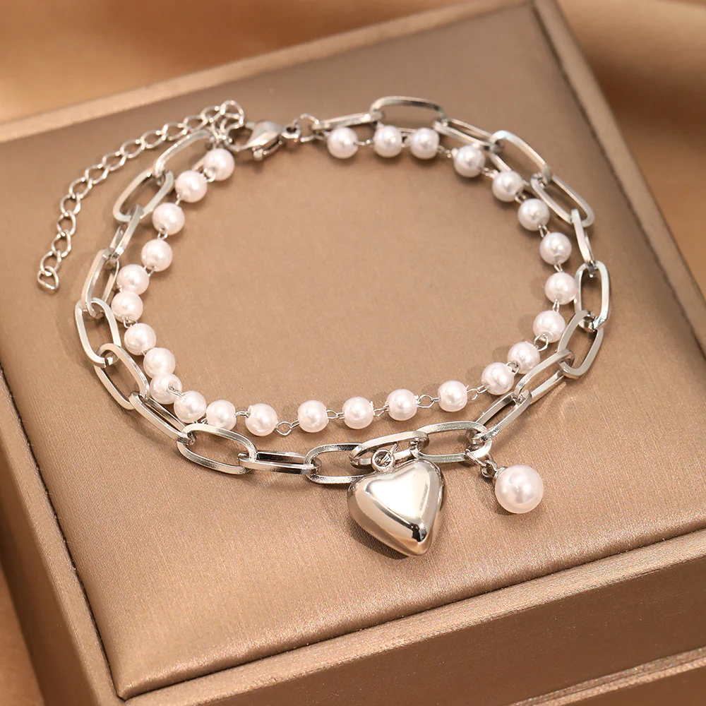 2pc Gold Heart & Pearl Charm Bracelet Set - Image 3