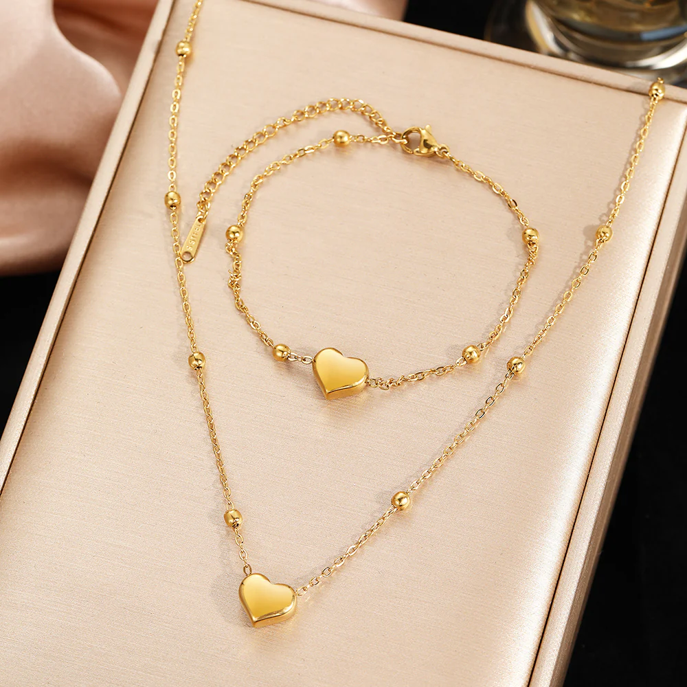 2pc Gold Heart Pendant Necklace & Bracelet Set - Image 2