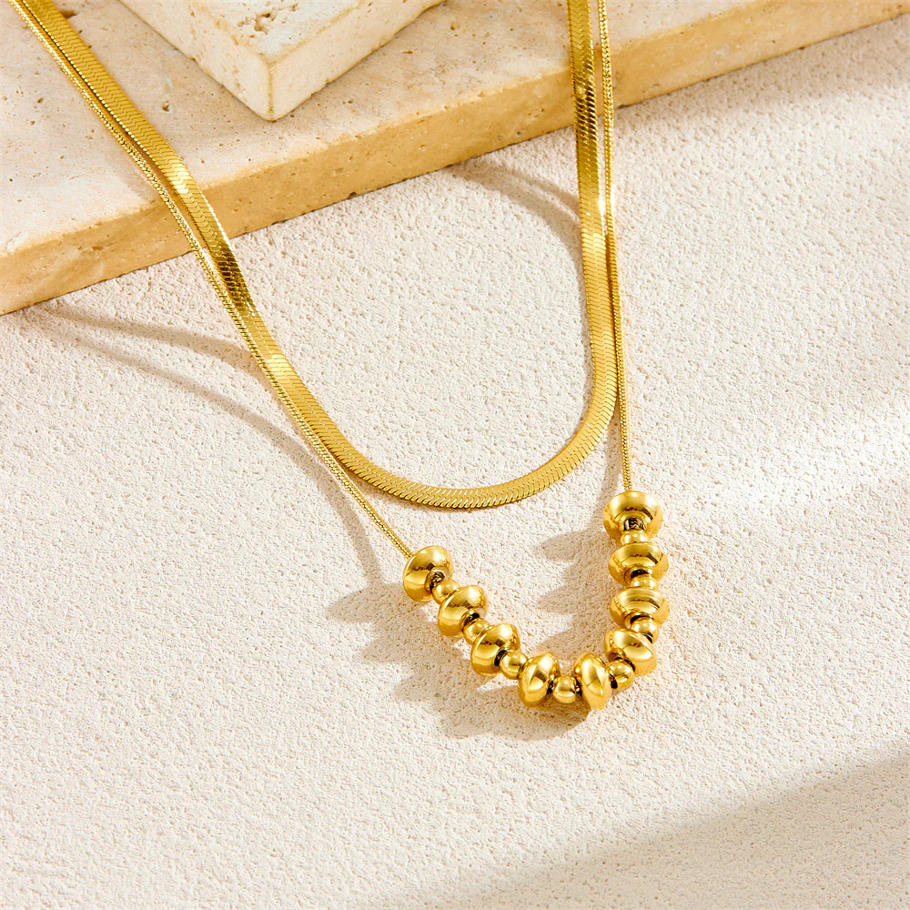 2pc Gold Herringbone and Bead Necklace Set - Image 3