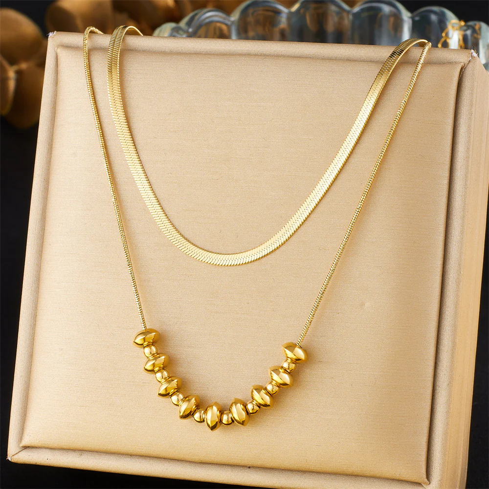 2pc Gold Herringbone and Bead Necklace Set - Image 4