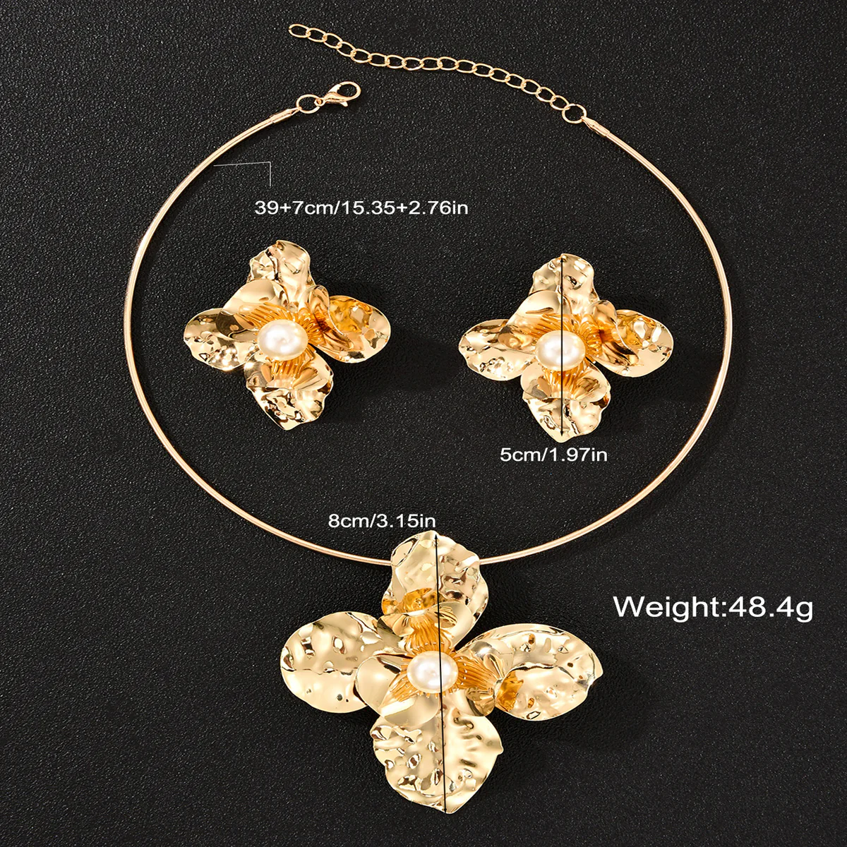2pc Hammered Gold Floral Statement Necklace & Ring Set - Image 2