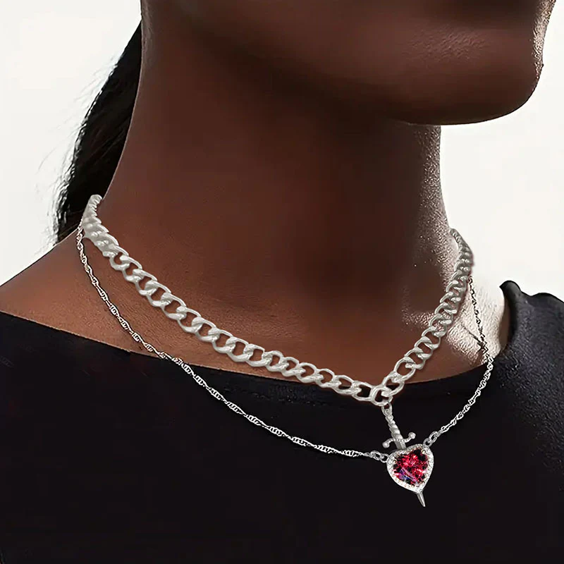 2pc Heart Sword Pendant Necklace Set - Image 2