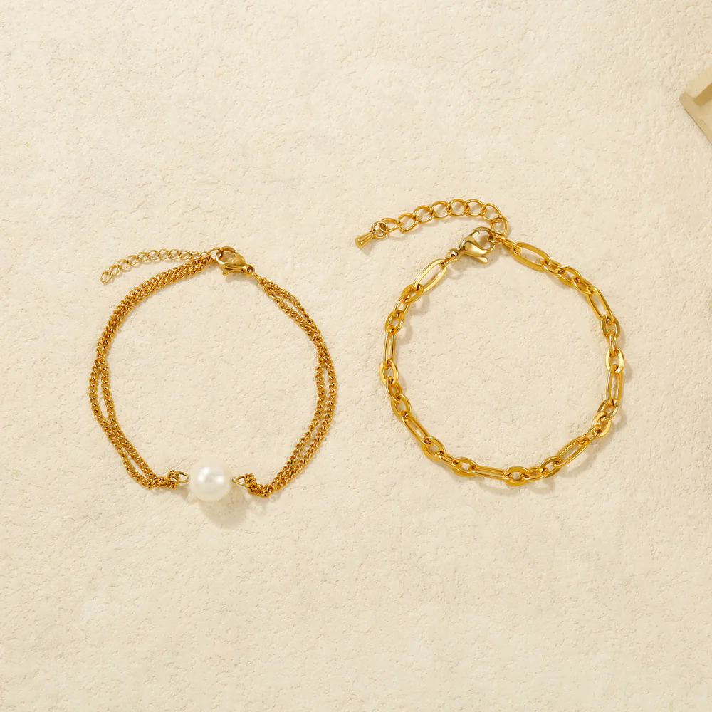 2pc Pearl Charm Chain Bracelet Set - Image 2