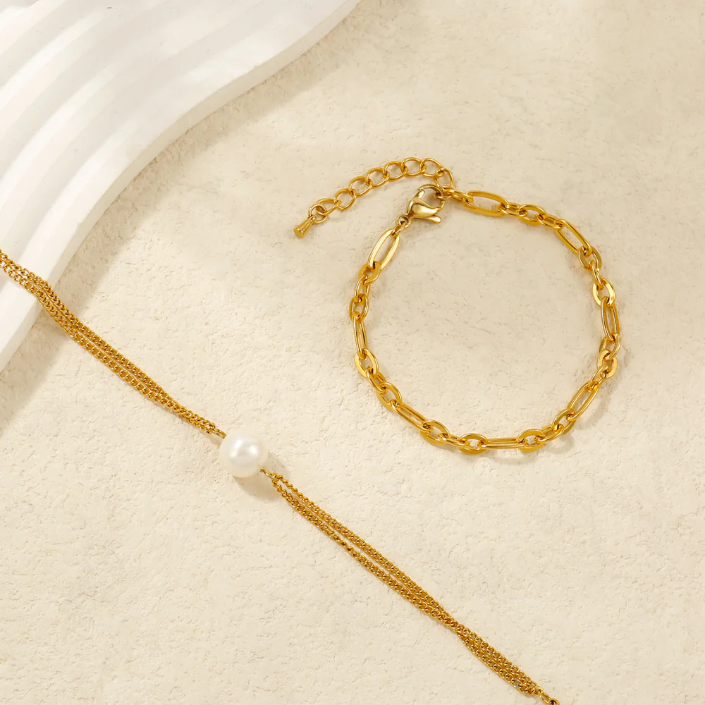 2pc Pearl Charm Chain Bracelet Set - Image 3