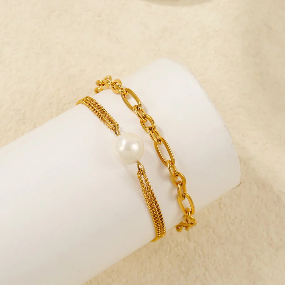 2pc Pearl Charm Chain Bracelet Set - Image 4