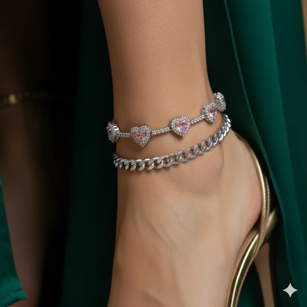 2pc Pink Heart & Cuban Anklet Set - Image 2