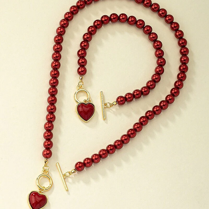 2pc Red Pearl Heart Jewelry Set - Image 3
