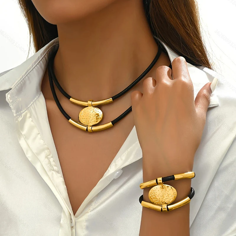 2pc Textured Gold Medallion Leather Set