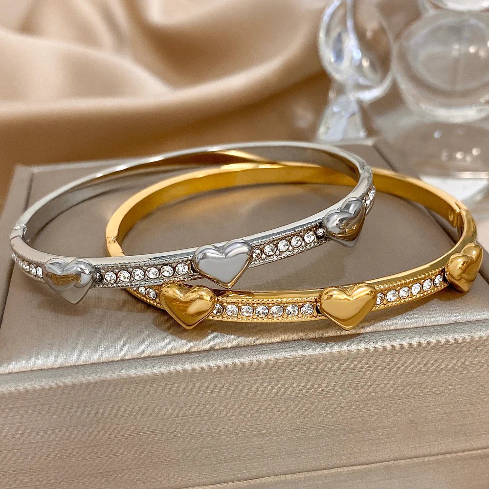 3-Heart Gold Bangle Bracelet - Image 3