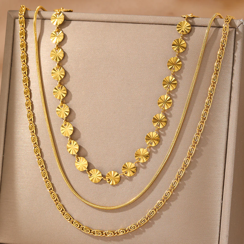 3-Layer Geometric Sunburst & Chain Necklace Set - Image 2