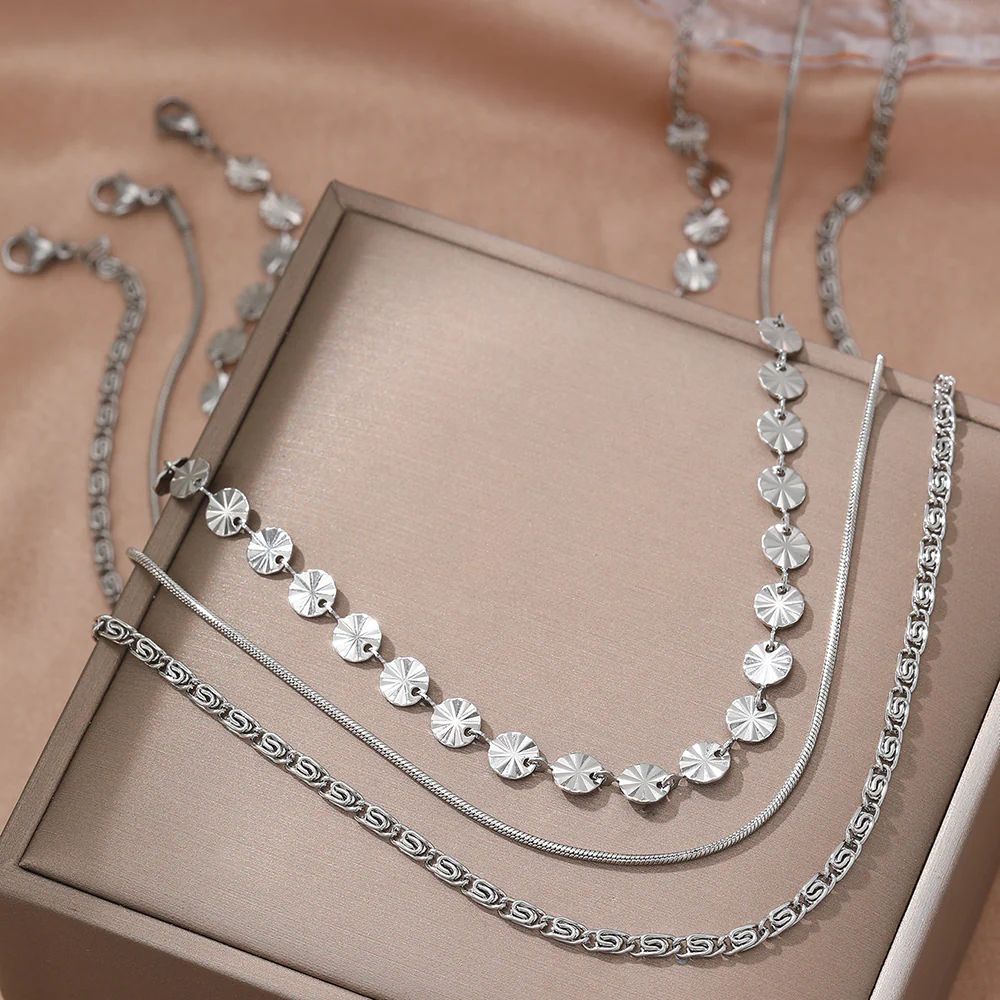3-Layer Geometric Sunburst & Chain Necklace Set - Image 3