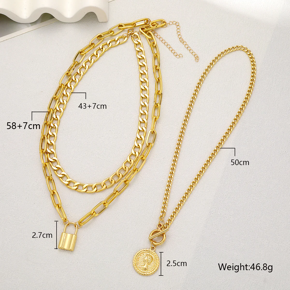 3pc Coin & Lock Pendant Chain Necklace Set - Image 3