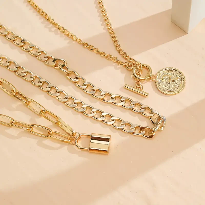 3pc Coin & Lock Pendant Chain Necklace Set - Image 4