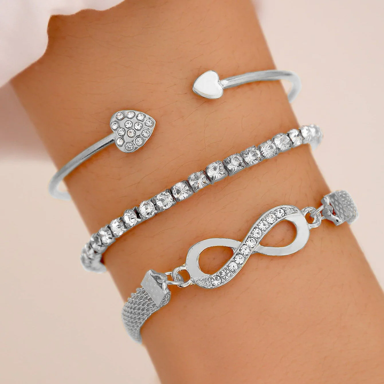 3pc Crystal Heart & Infinity Bracelet Set - Image 2