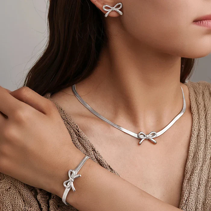 3pc Dainty Bow Necklace, Bracelet, & Earrings Set - Image 2