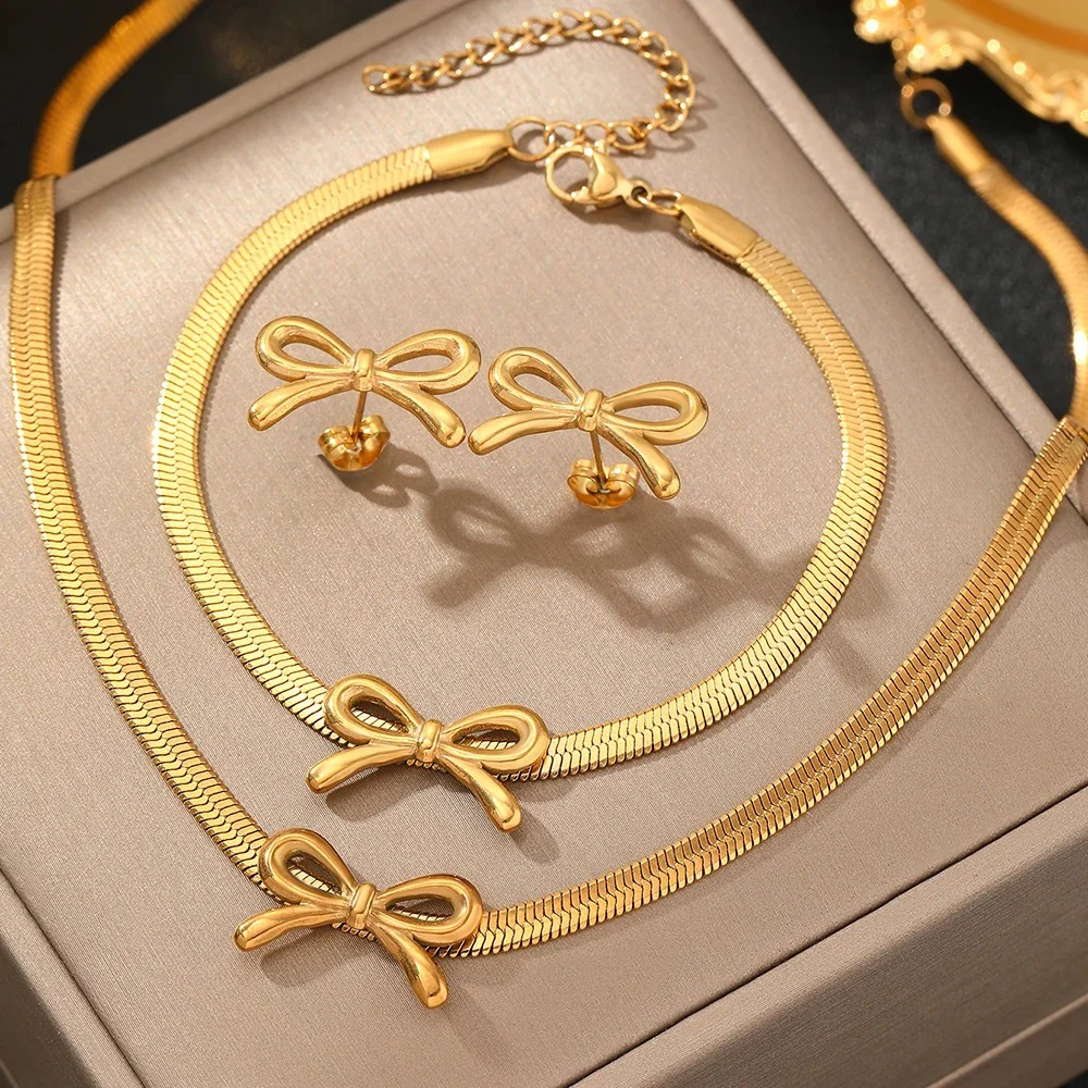 3pc Dainty Bow Necklace, Bracelet, & Earrings Set - Image 3