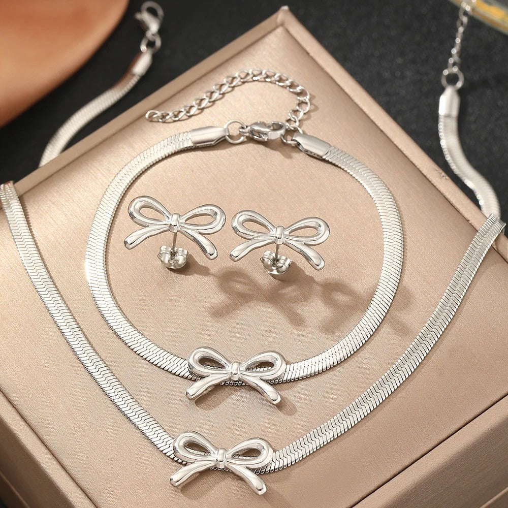 3pc Dainty Bow Necklace, Bracelet, & Earrings Set - Image 4