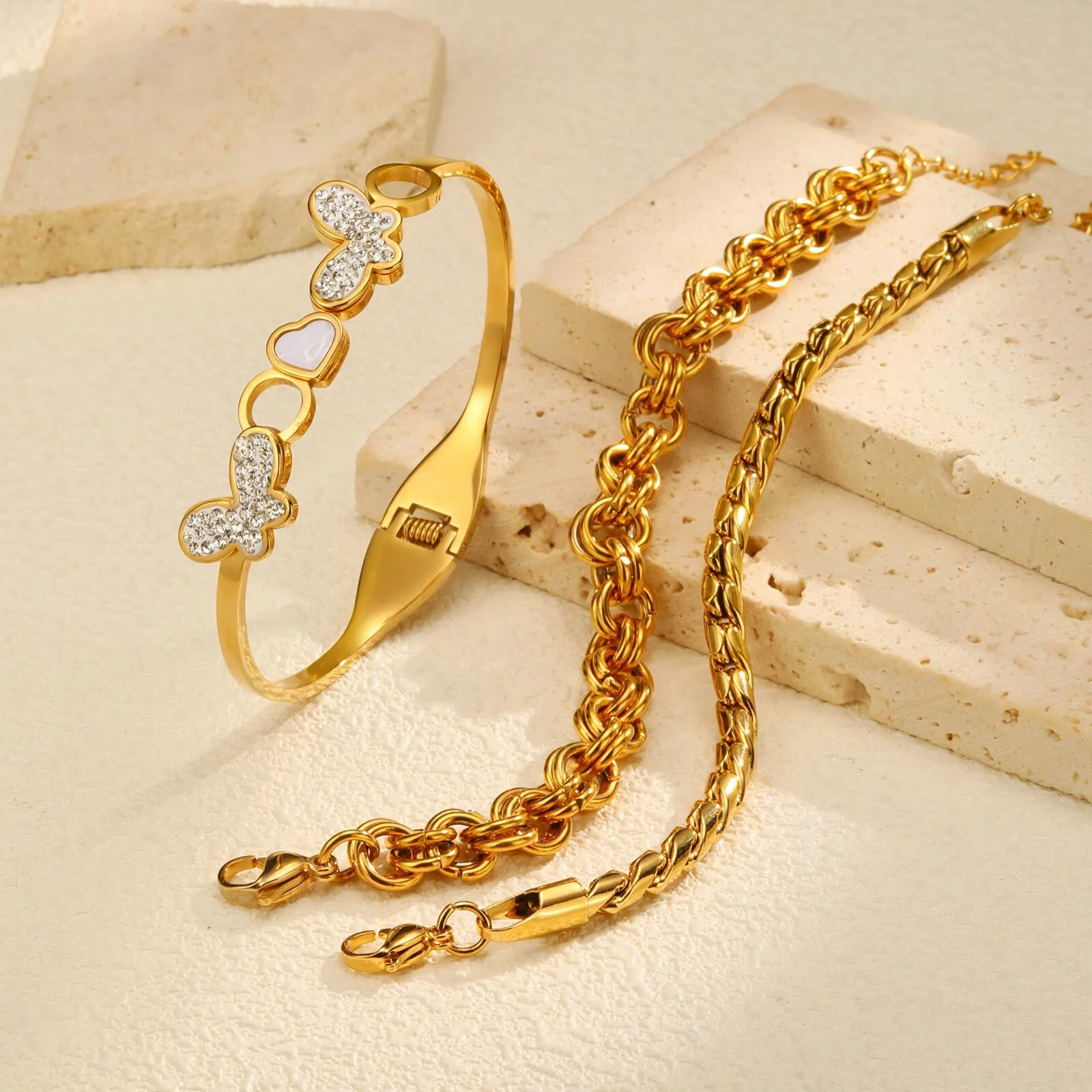 3pc Gold Butterfly & Chain Bracelet Set - Image 2