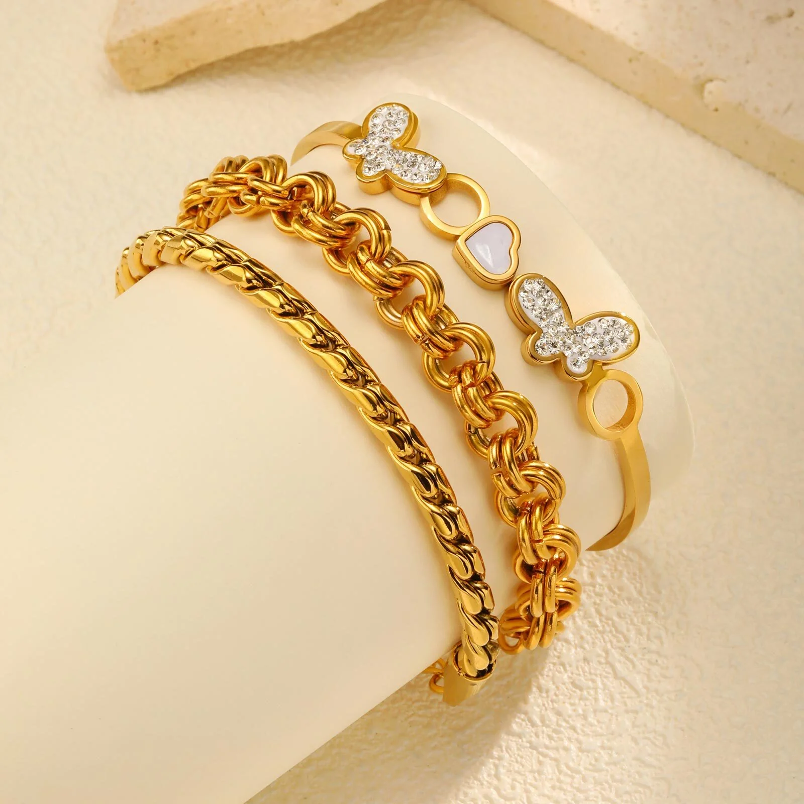 3pc Gold Butterfly & Chain Bracelet Set - Image 3