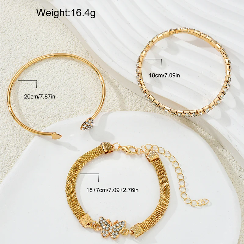3pc Gold Butterfly & Heart Rhinestone Bracelet Set - Image 2